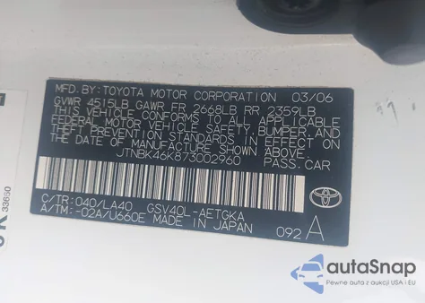 2007 Toyota Camry Le/Xle/Se из США, поврежденный, VIN JTNBK46K873002960